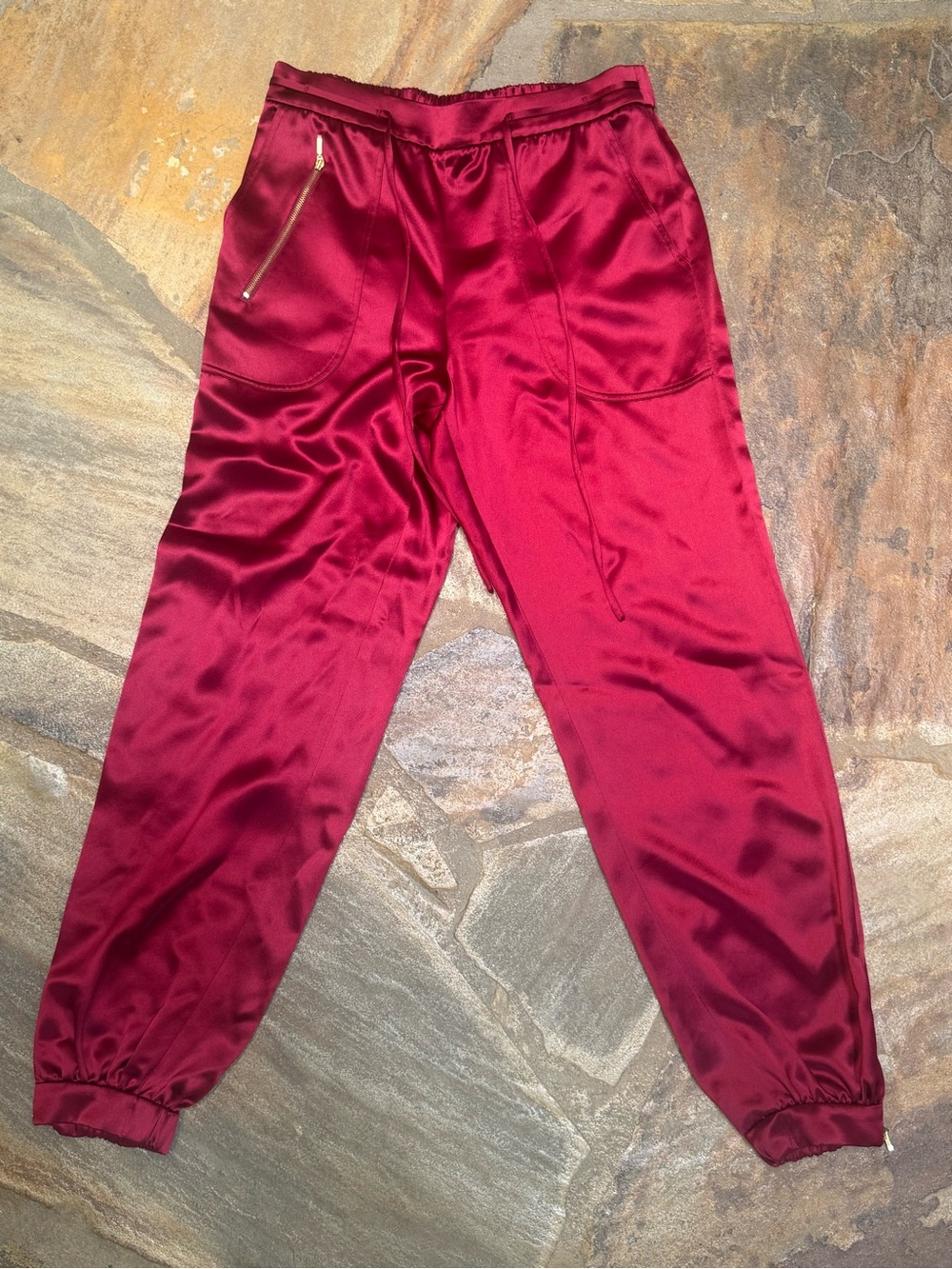 Milly Satin Joggers in Burgundy Red Small